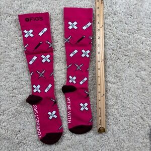 FIGS Compression Socks Knee High Pink Band Aid Syringe Medical Print Women's L